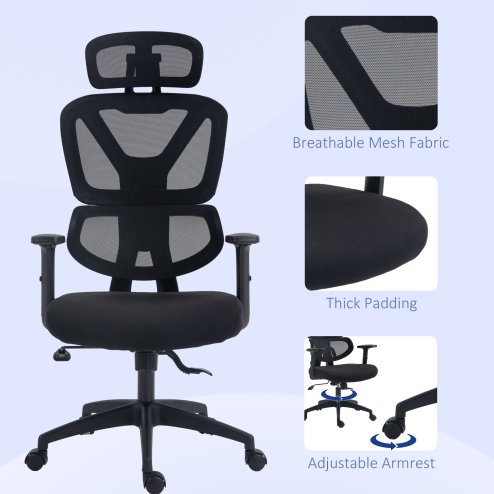 Vinsetto Ergonomic Office Chair, Mesh Swivel Desk Chair with Lumbar Support, Padded Seat, Adjustable Height and Headrest for Home Office, Black