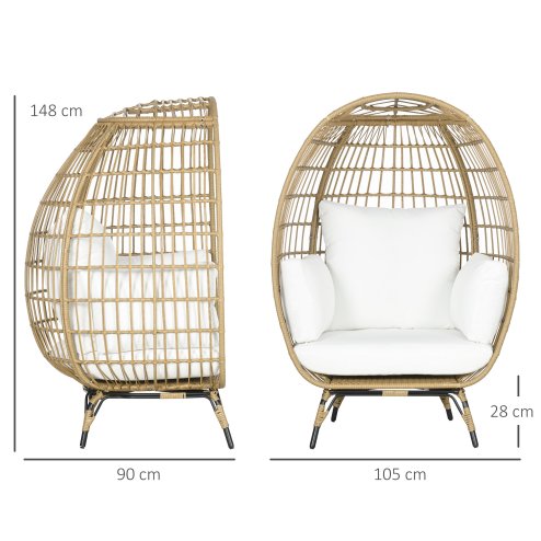 Outsunny Oversized Garden Egg Chair, Outdoor Wicker PE Rattan Chair with Thickened Padded Cushions and Pillows for Balcony, Porch, Khaki