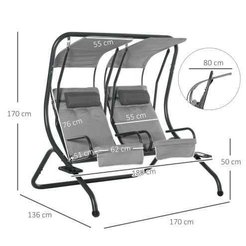 Outsunny Canopy Swing Chair Modern Garden Swing Seat Outdoor Relax Chairs with Removable Cushion, Headrest and Removable Shade Canopy, Grey