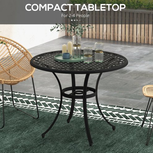 Outsunny Garden Table with Parasol Hole, 90cm Round Outdoor Dining Table for 2-4, Cast Aluminium Bistro Coffee Table for Balcony - Black