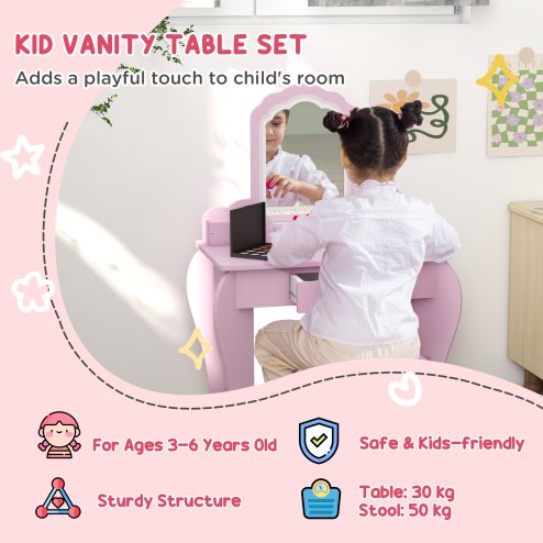 ZONEKIZ Kids Dressing Table, Kids Vanity Table, Girls Dressing Table with Mirror, Stool, Drawer, Storage Boxes, Cloud Design, for Ages 3-6 Years - Pink