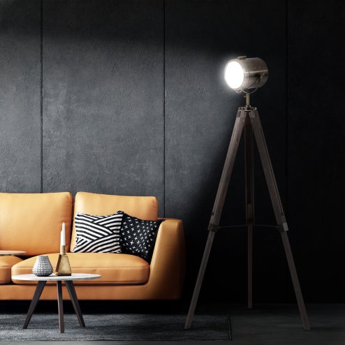 HOMCOM Industrial Tripod Floor Lamp, Nautical Searchlight with Adjustable Height, Wood Legs, E14 Lamp Base for Living Room, Bedroom, Grey and Bronze Image