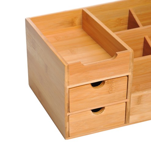 HOMCOM Desk Organiser Holder, Bamboo Multi-Function Storage Caddy with 7 Storage Compartments and 2 Drawers for Home Office Stationary Supplies