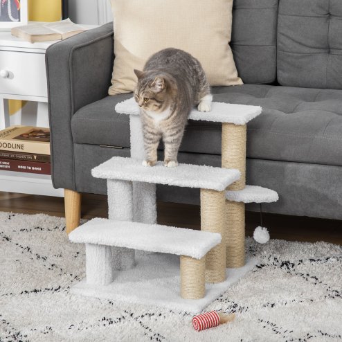 PawHut Pet Stair, Cat Tree with 3-step Climb Ladder, Scratching Posts, Platforms, Toy Ball, for Indoor Elderly Cats Kittens, White