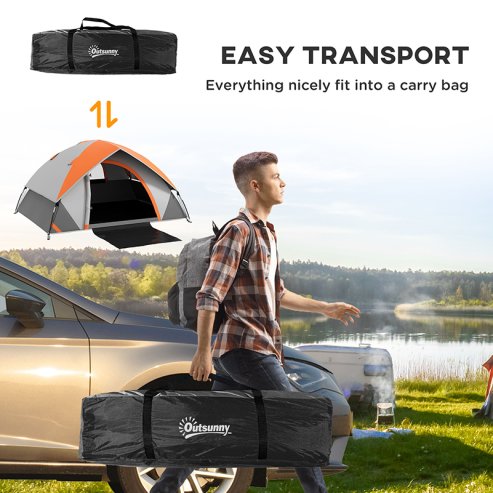Outsunny Camping Tent, 2 Man Dome Tent, 3000mm Waterproof, with Sewn-in Groundsheet, Carry Bag and Top Hook, for Fishing Hiking Festival, Grey and Orange