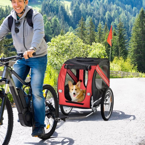 PawHut Folding Dog Bike Trailer Pet Cart Carrier for Bicycle Travel with Hitch Coupler in Steel Frame - Red & Black Image