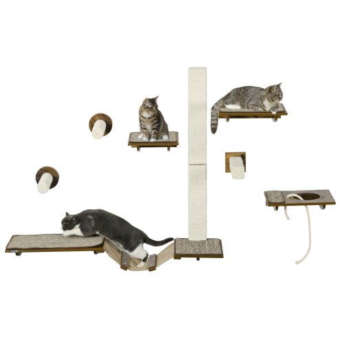 PawHut 8Pcs Cat Shelves, Cat Wall Furniture with Scratching Posts, Perches, Ladder, Wall Mounted Cat Tree for Sleeping, Playing, Lounging - Brown