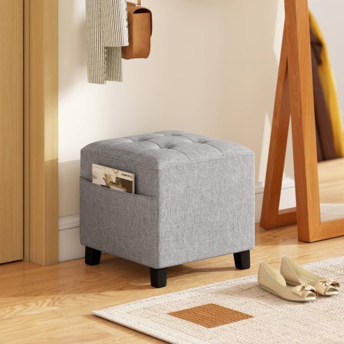 HOMCOM Square Footstool, Small Ottoman with Side Pocket, Linen Fabric Footrest Foot Stool with Rubber Wood Legs and Padded Seat for Living Room, Bedroom, Entryway, 35 x 35 x 35cm, Light Grey