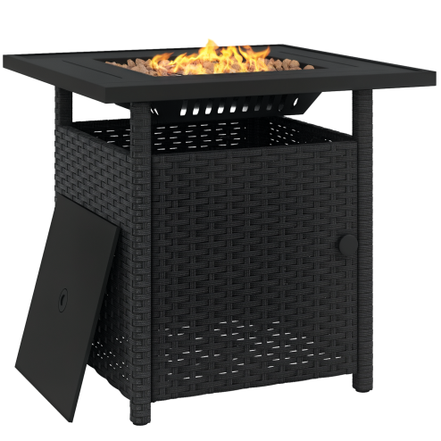 Outsunny Outdoor Rattan Gas Fire Pit Table, 50,000 BTU Square Garden Table with Fire Pit, Rain Cover, Wind Guard, Pulse-Ignition and Volcanic Rock, 72.5 x 72.5 x 67.5 cm, Black