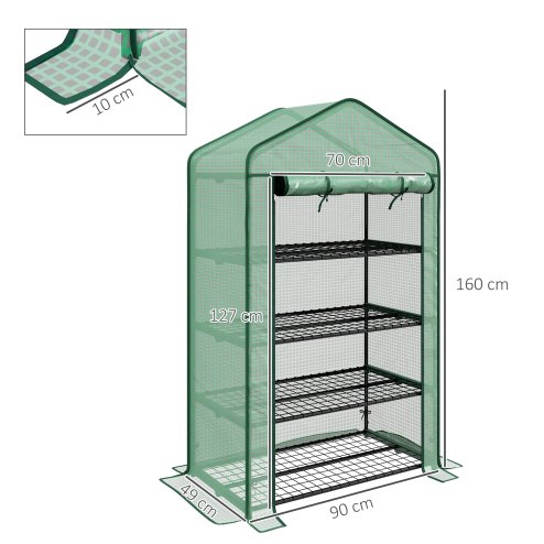 Outsunny 4 Tier Widened Mini Greenhouse with Reinforced PE Cover, Portable Indoor Outdoor Green House with Roll-up Door and Wire Shelves, 90 x 49 x 160cm, Green