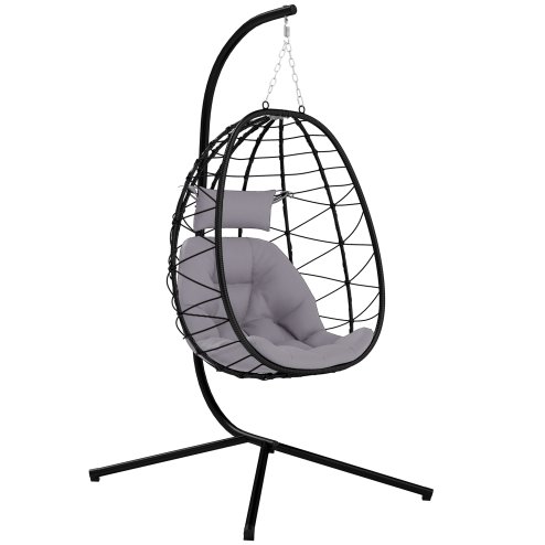 Outsunny Hanging Egg Chair Outdoor Indoor Garden Swing Chair with Folding Basket, Thickened Cushion, Garden Hanging Chair with Stand, Headrest for Patio, Balcony, Grey Image