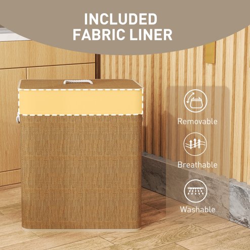 HOMCOM Double Laundry Basket with Lid, 100L Bamboo Laundry Hamper with Rope Handles, Washing Basket with Removable Liner for Bathroom, Bedroom