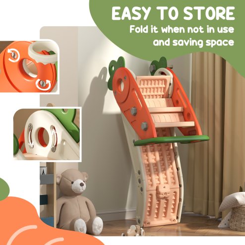 AIYAPLAY Kids Slide, 3 in 1 Foldable Toddler Slide with Basketball Hoop, Climber, Carrot-themed Indoor Slide for 1-3 Years Old, Orange