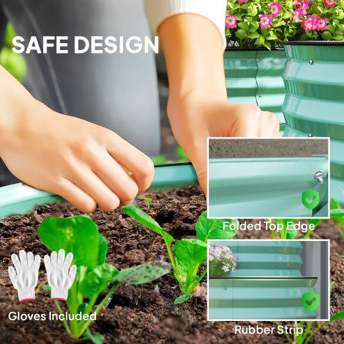 Outsunny 2-Tier Raised Garden Bed, Outdoor Galvanised Planter Box with Safety Edging and Gloves, Metal Raised Bed with Open Bottom for Vegetables, Flowers, Fruits and Herbs, Dark Green