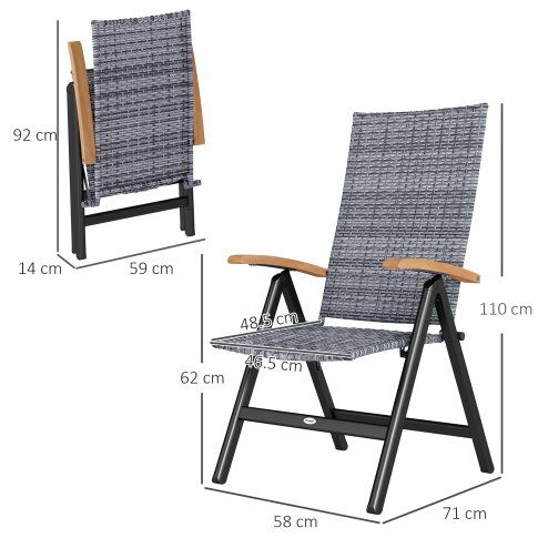 Outsunny 2 Pieces Outdoor Folding Dining Chair, PE Rattan Chair with Armrests, High Backrest, for Garden, Camping, Balcony, Porch, Light Grey