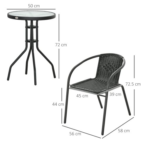 Outsunny 3 Pieces Rattan Bistro Set, 2 Seater Garden Furniture Set with Coffee Table and Stackable Chairs, Wicker Outdoor Table and Chairs for Garden, Porch, Balcony, Black