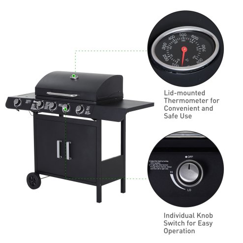 Outsunny 4+1 Burner Gas BBQ Grill, Outdoor Barbecue Trolley with Wheels, Warming Rack, Side Shelves, Cabinet, Thermometer for Garden, Party, Camping, 125 L x 51 W x 100 H cm, Black