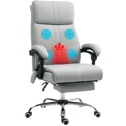 Vinsetto Office Chair with 4-point Vibration Massage and Heat, PU Leather High Back Recliner Desk Chair with Adjustable Height, Armrest, Footrest, Swivel Computer Chair for Home, Light Grey