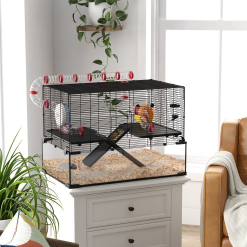 PawHut Large Hamster Cage, Gerbil Cage with Deep Glass Bottom, Tunnels, Non-Slip Ramps, Exercise Wheels, Water Bottle, Dish, 78.5 x 48.5 x 57cm Image
