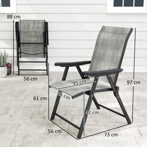 Outsunny Set of 2 Folding Chair, Garden Chair Set with Breathable Mesh Back and Seat, Outdoor Camping Chairs with Armrests, Steel Frame for Deck Balcony, Black and Grey