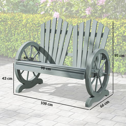 Outsunny 2 Seater Garden Bench, Comfortable Fir Wood Love Chair with Wagon Wheel-Shaped Armrests, Outdoor Adirondack Wooden Loveseats, Grey