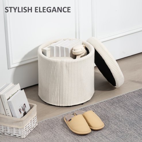 HOMCOM 40cm Round Storage Ottoman, Corduroy Footstool with Removable Lid and Legs, Vanity Stool for Living Room, Bedroom