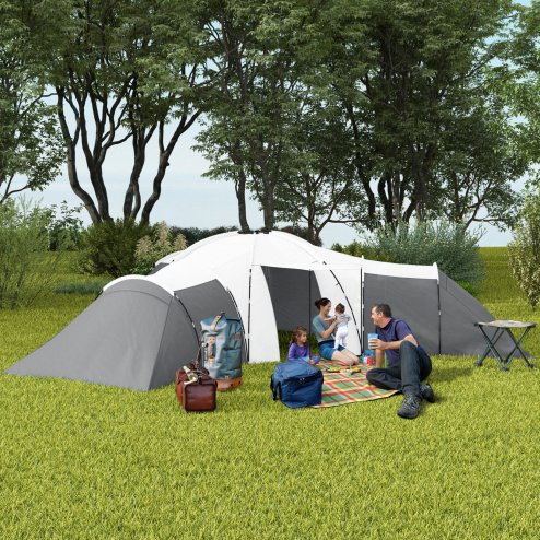 Outsunny 6-9 Man Large Tunnel Tent with 3 Bedroom, Living Area and Porch, 2000mm Waterproof Camping Tent, Portable with Bag, for Fishing Hiking Festival, Dark Grey