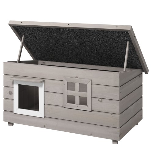 PawHut Outdoor Wooden Cat House, Elevated Cat Shelter Kennel, Pet Play House with Openable Top, Asphalt Roof, Window, 87 x 52 x 44 cm, Grey