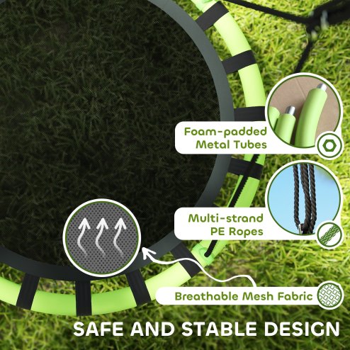 AIYAPLAY Kids Nest Swing Seat, Hanging Set with Height Adjustable Ropes for Kids, 100cm Diameter Round Saucer Swing Chair for Outdoor, Garden, Black/Green