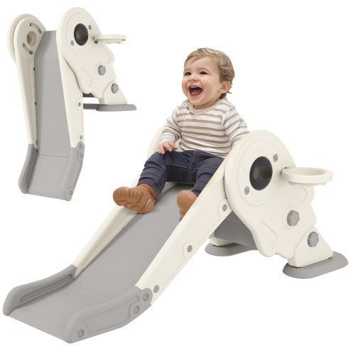 AIYAPLAY Kids Slide with Basketball Hoop, 3-in-1 Toddler Slide with Climber for Indoor, Foldable Freestanding Slide for Toddlers, Ages 2-5 Years, Cream White