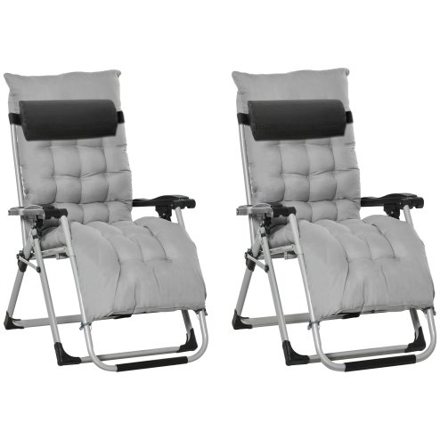 Outsunny 2 Piece Reclining Zero Gravity Chair Metal Frame Folding Garden Sun Lounger with Cushion Headrest, Light Grey