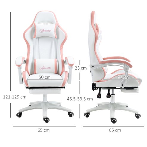 Vinsetto Computer Gaming Chair, PU Leather Office Desk Chair with Footrest, Swivel Wheels, 135?? Reclining Back, Lumbar Support, Headrest for Home, White and Pink
