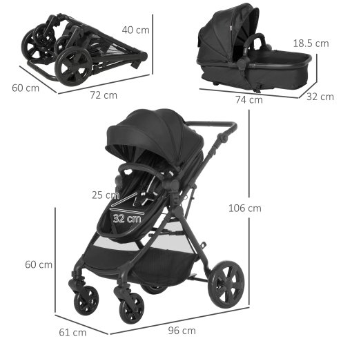HOMCOM Baby Stroller Pushchair 2 in 1 Lightweight Travel Pram Buggy Foldable with Reversible Seat, Fully Reclining Backrest, from 0 to 3 Years, 0 to15kg, Black