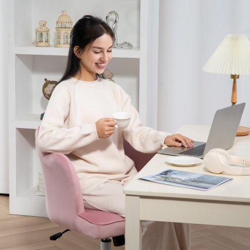 HOMCOM Velvet Office Chair with Petal Shell Back and Lumbar Pillow, Armless Desk Chair with Wide Seat and Tilt Function, Height Adjustable Swivel Makeup Vanity Chair for Bedroom, Pink