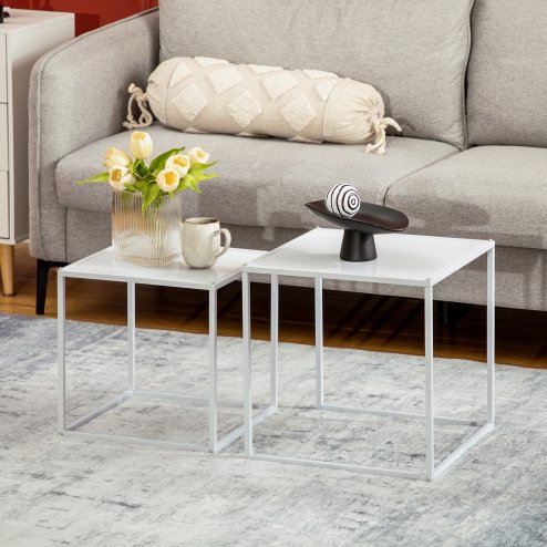 HOMCOM Square Nesting Coffee Table Set of 2, Modern Nest of Tables, Sofa Side Tables with Steel Frame for Living Room, Bedroom, Small Space, White Image