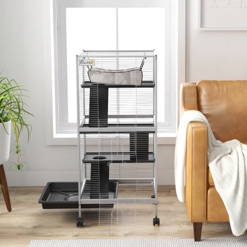 PawHut Small Animal Cage with Wheels Pet Home for Chinchillas Ferrets Kittens, with Hammock, 4 Platforms, Removable Tray, Light Grey