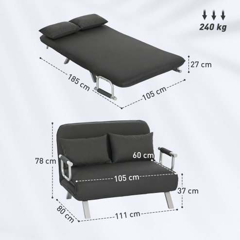 HOMCOM 2 Seater Sofa Bed, Click Clack Convertible Bed Settee, Modern Velvet Feel Fabric Sofa with 2 Cushions for Living Room, Bedroom, Guest Room, Charcoal Grey