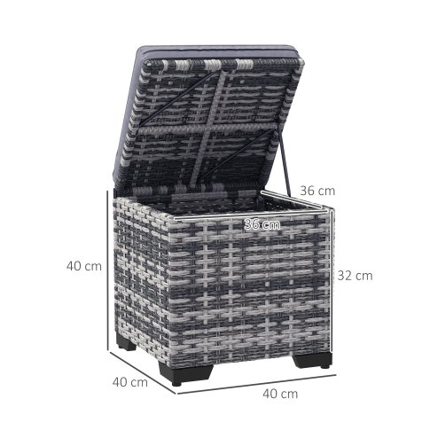 Outsunny Set of 2 Rattan Storage Ottoman, Outdoor Footstool with Removable Cushions, Garden Storage Seat for Balcony, Porch, Living Room, Dark Grey