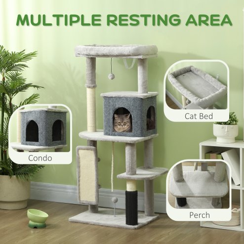 PawHut Cat Tree for Indoor Cats, 132cm Cat Tower with Scratching Posts and Pad, Cat Bed, Cat House, Jumping Platform, Grooming Brush, Toy Balls, Anti-Tip Kit, Cat Climbing Frame, Light Grey