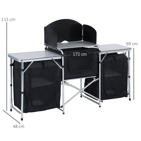 Outsunny Portable Camping Kitchen with Aluminium Frame, Fold-Up Cooking Table With Windscreen and 3 Enclosed Cupboards for BBQ, Party, Picnic, Black