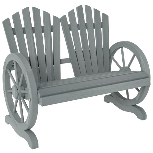 Outsunny 2 Seater Garden Bench, Comfortable Fir Wood Love Chair with Wagon Wheel-Shaped Armrests, Outdoor Adirondack Wooden Loveseats, Grey
