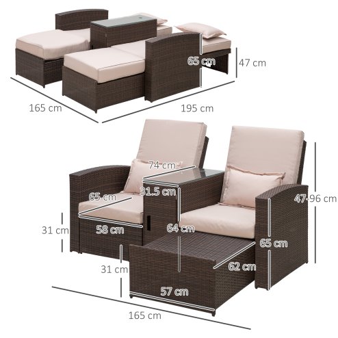 Outsunny Double Rattan Sun Lounger, Already Assembled Reclining Garden Lounger with Retractable Footrest, Glass Top Storage Table with Umbrella Hole, Garden Sunbed with Cushions and Pillows, Brown