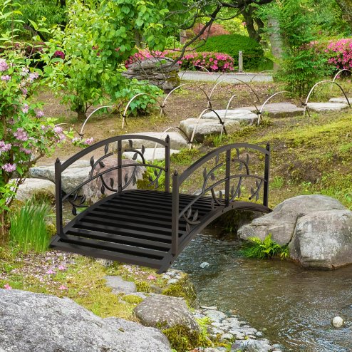 Outsunny 1.2M Metal Garden Bridge with Safety Railings, Arc Footbridge with Vine Pattern, Classic Retro Small Decorative Pond Bridge for Creeks Streams Borders, Black