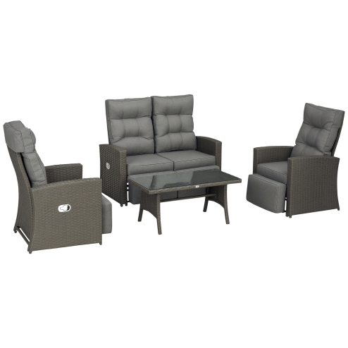 Outsunny 4 Piece Rattan Garden Furniture Set with Adjustable Backrest, Wicker Outdoor Furniture Sofa Set with Loveseat, Reclining Armchairs, Thickened Cushions and Glass Top Table, Grey