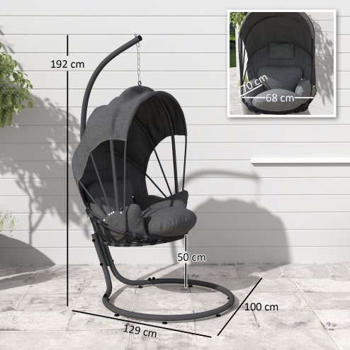 Outsunny Hanging Egg Chair with Cushion and Retractable Canopy, Swing Hammock Chair with Adjustable Metal Stand, for Indoor and Outdoor, Grey