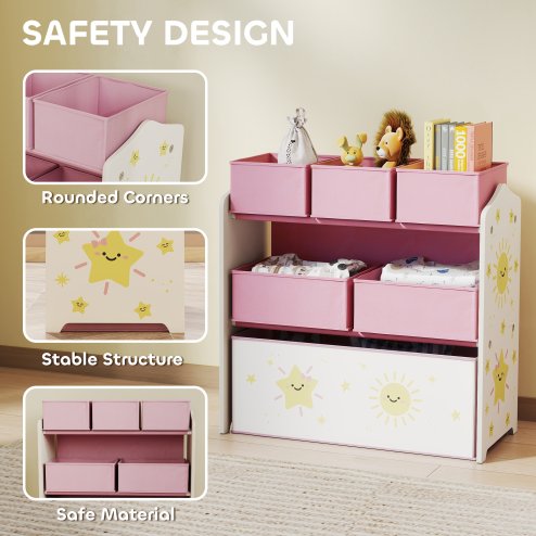 AIYAPLAY Kids Toy Storage Units, 3-Tier Toy Organiser Shelf with 6 Removable Fabric Boxes for Kids, Boys, Girls, Bedroom, Playroom, Nursery, Pink