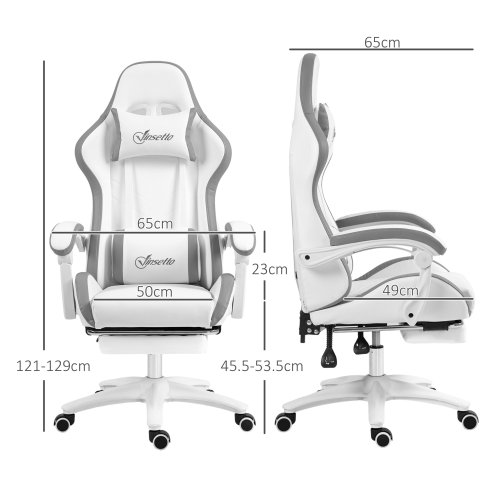 Vinsetto Computer Gaming Chair, PU Leather Office Desk Chair with Footrest, Swivel Wheels, 135?? Reclining Back, Lumbar Support, Headrest for Home, White and Grey