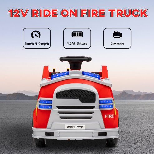 AIYAPLAY Ride on Fire Truck, 12V Kids Electric Car with Sirens, Flashing Lights, Firefighting Tools, Music, Horn, Slow Start, Gift for Boys and Girls, Red
