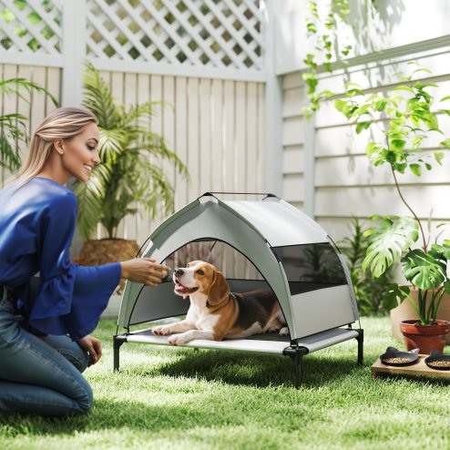 PawHut Elevated Dog Bed with Removable Canopy, Portable Cooling Raised Pet Cot with Breathable Mesh, Storage Bag, for Indoor Outdoor Use, for Small Medium Dogs, 76 x 61 x 60 cm, Light Grey Image