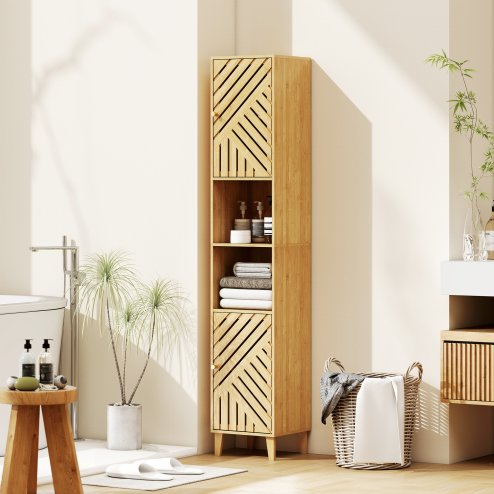 HOMCOM Tall Bathroom Cabinet with Bamboo Doors and Legs, Slim Bathroom Storage Cabinet, Freestanding Storage Cupboard with Open Compartments, Adjustable Shelves, 32 x 30 x 170 cm, Natural Wood Finish